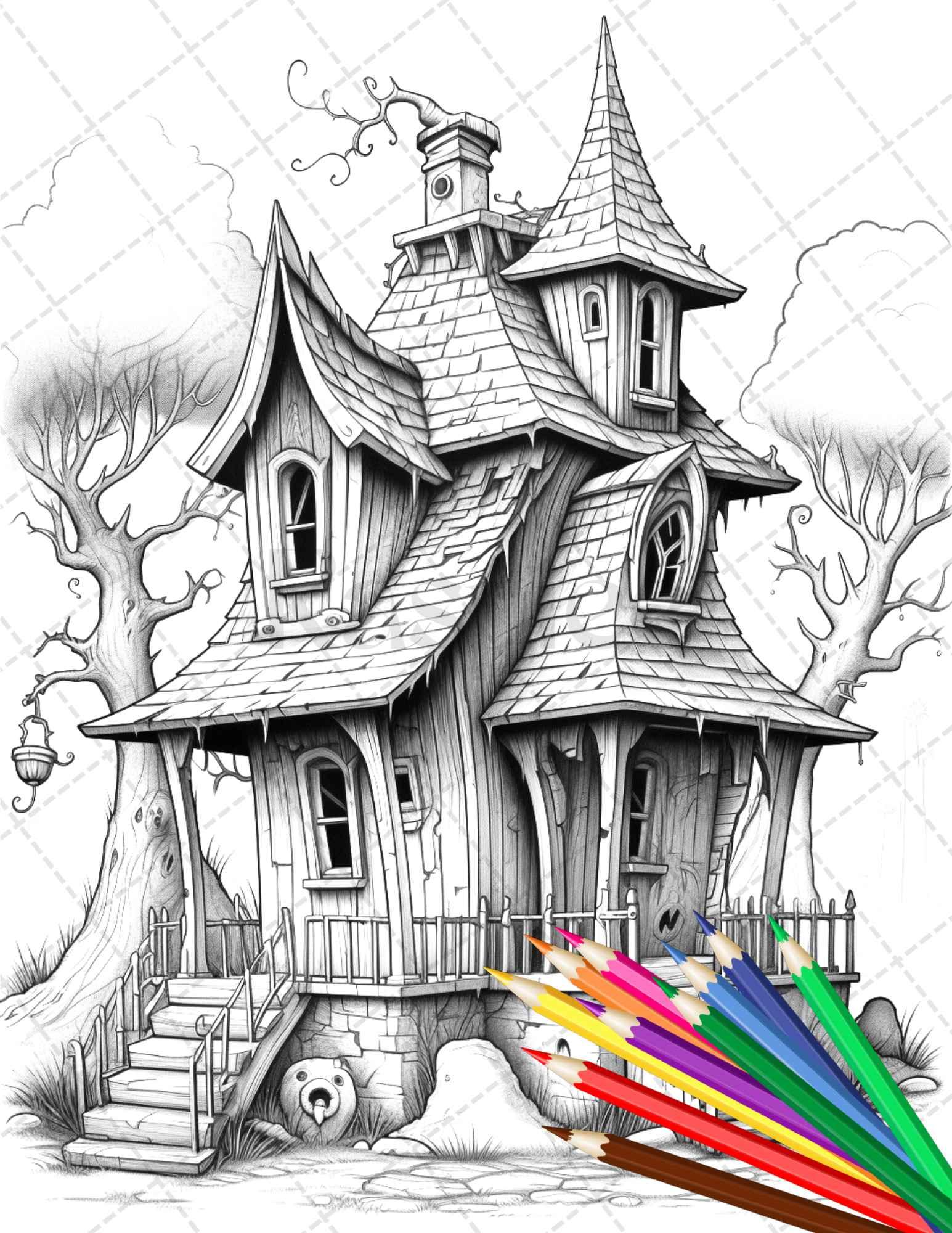 32 Spooky Houses Coloring Pages Printable for Adults, Grayscale Coloring Page, PDF File Instant Download