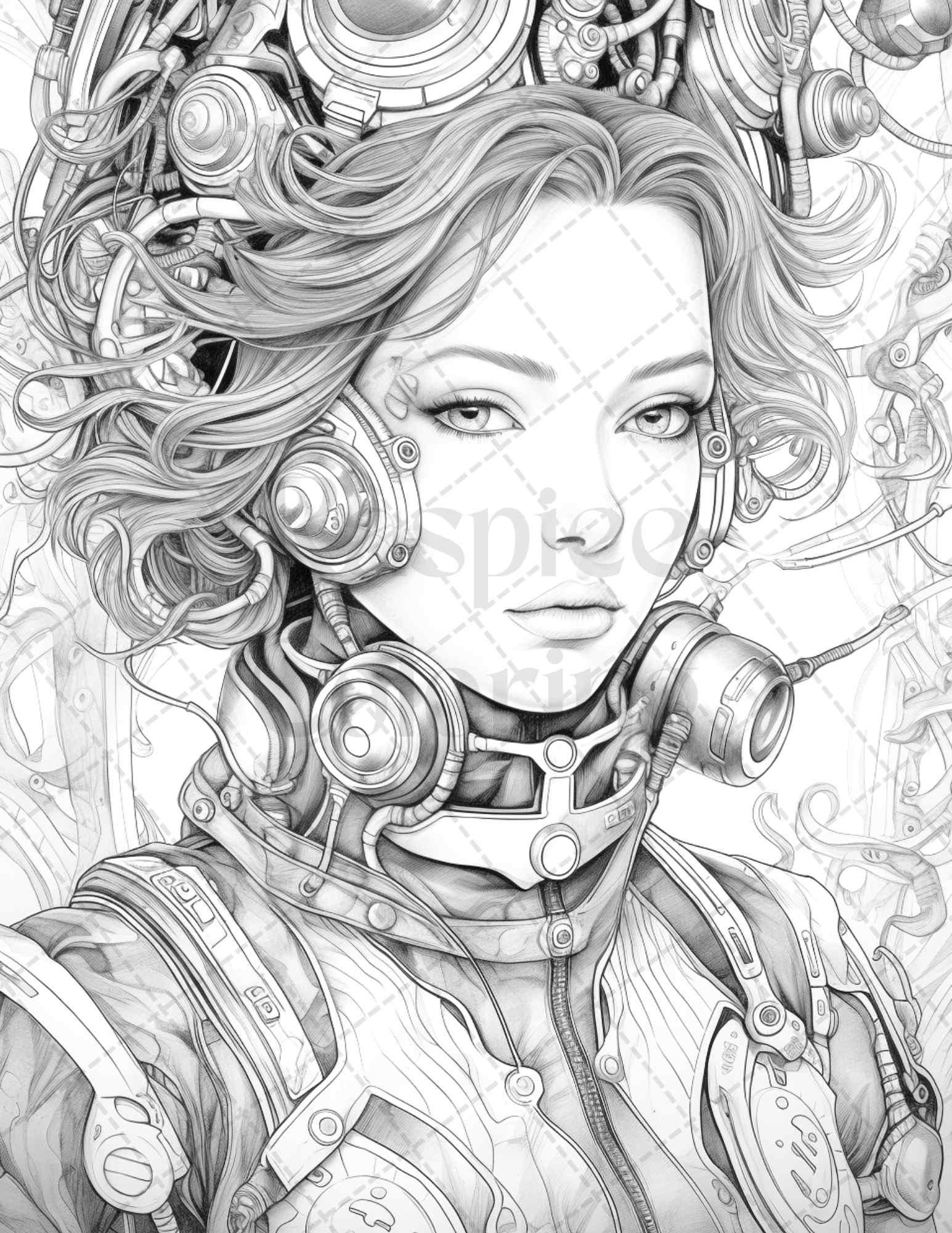 40 Beautiful Cyborg Girls Grayscale Coloring Pages Printable for Adults, PDF File Instant Download