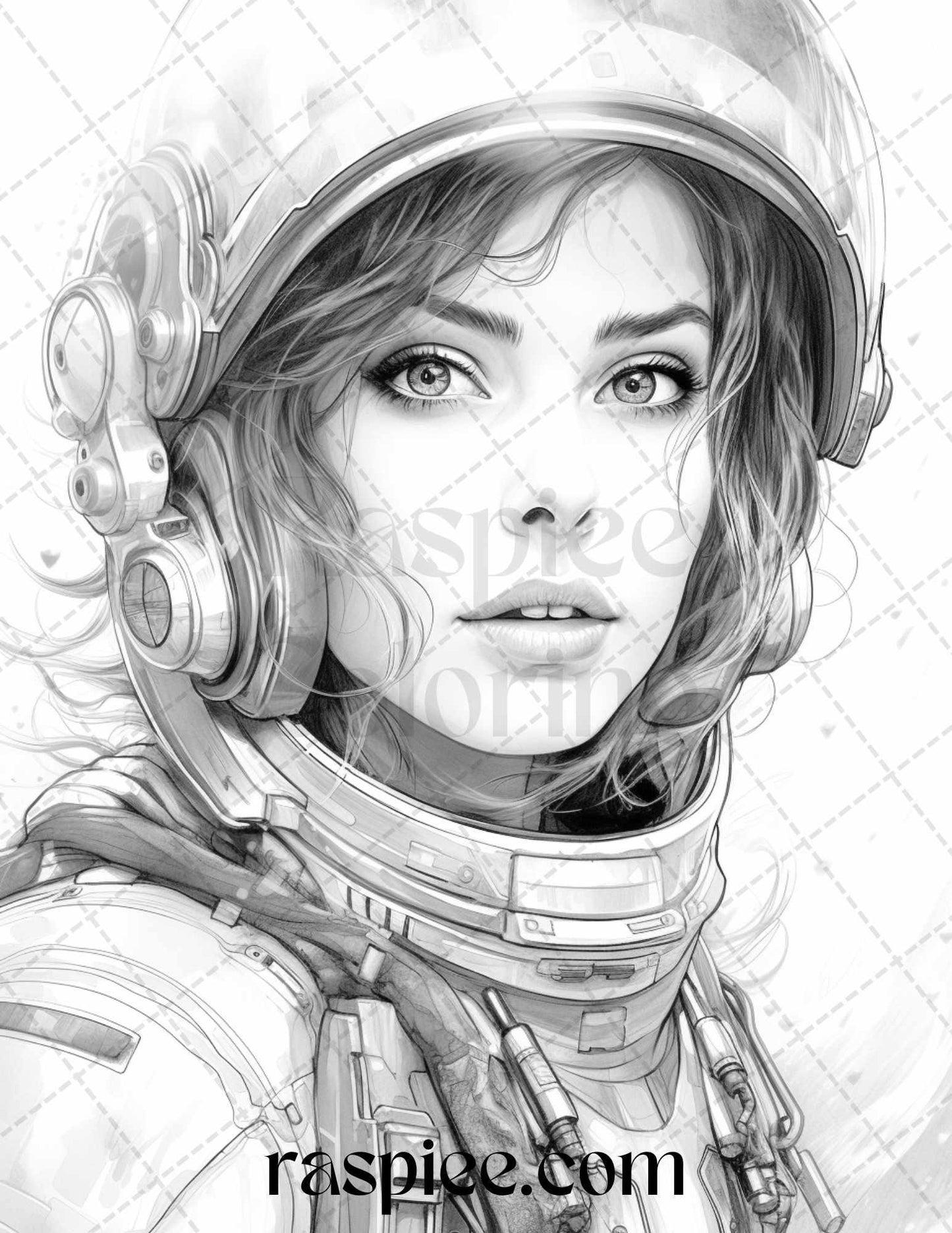 50 Astronaut Girl Portrait Grayscale Coloring Pages Printable for Adults, PDF File Instant Download