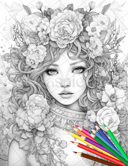 38 Flower Goddess Coloring Pages Printable for Adults, Grayscale Coloring Page, PDF File Instant Download