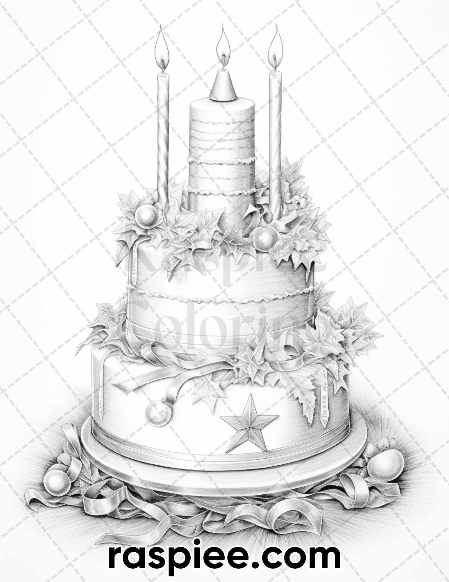 45 Christmas Cakes Grayscale Coloring Pages for Adults, Printable PDF File Instant Download