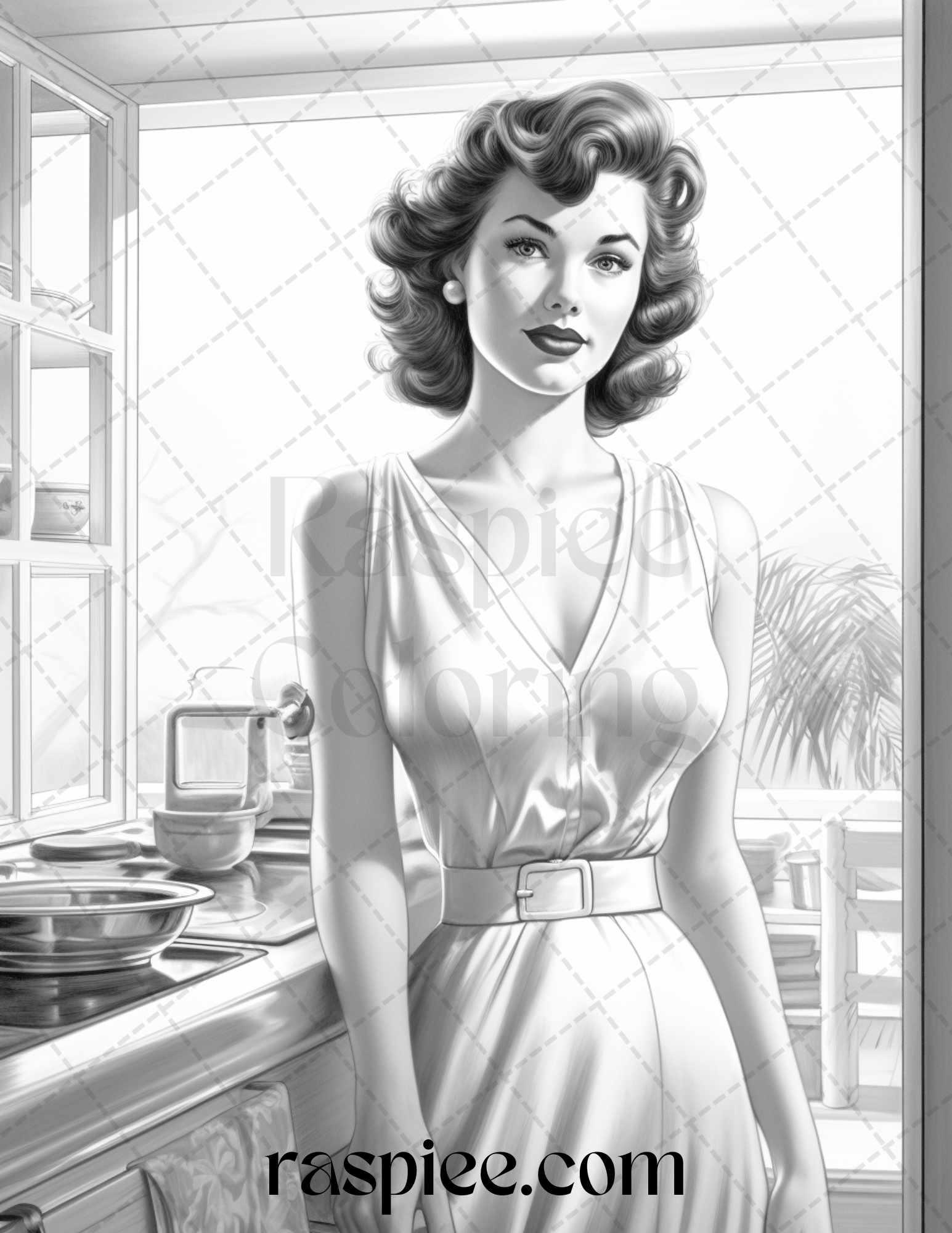 40 Retro Housewives Grayscale Coloring Pages for Adults, Printable PDF File Instant Download