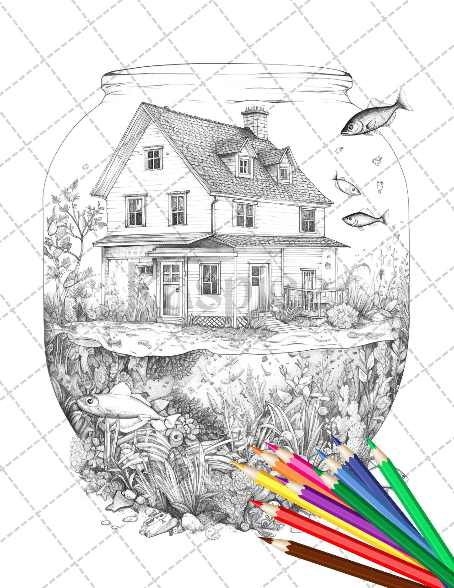 34 Fishtank Houses Coloring Book for Adults, Grayscale Coloring Page, Printable PDF Instant Download