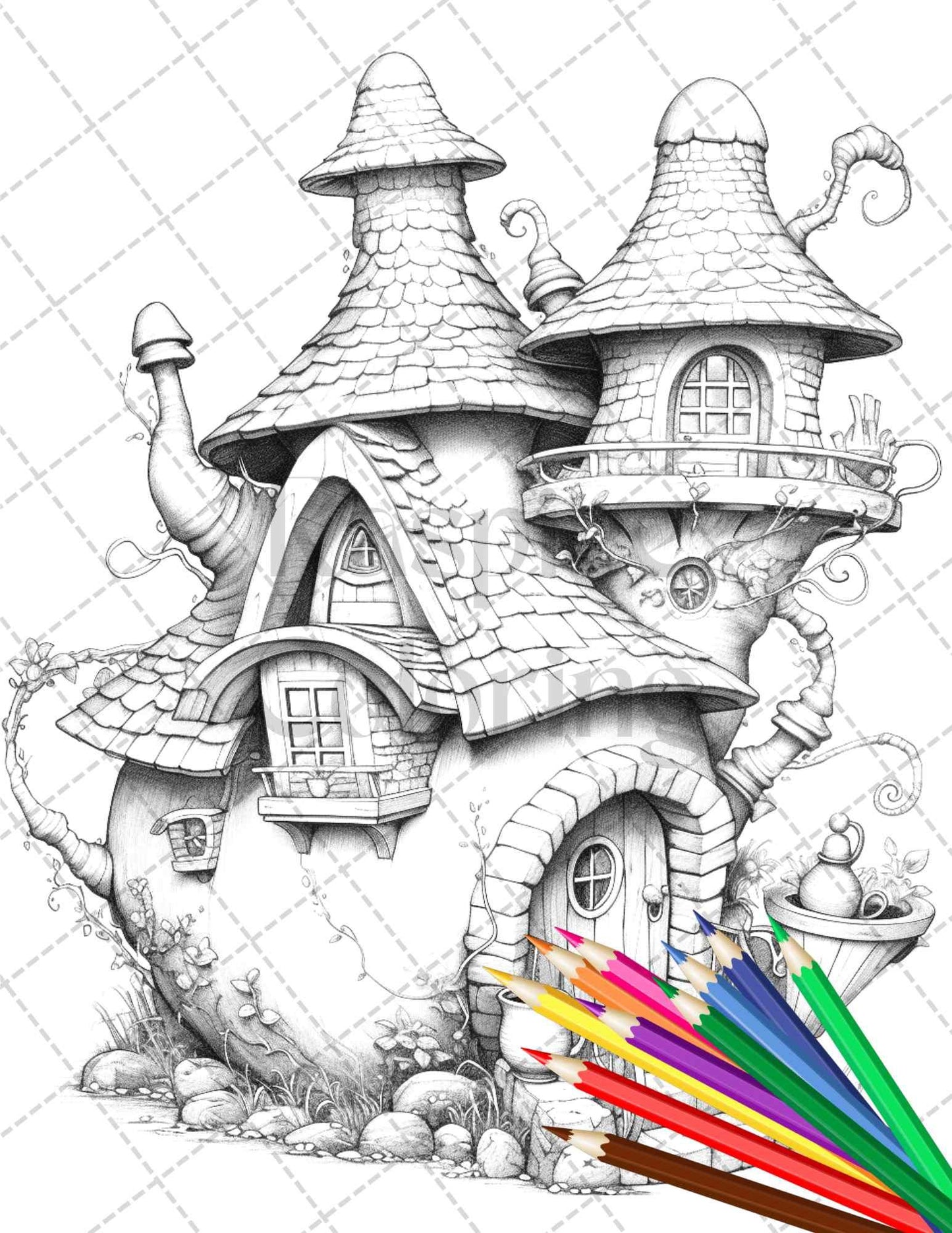 40 Teapot Fairy Houses Grayscale Coloring Pages Printable for Adults, PDF File Instant Download