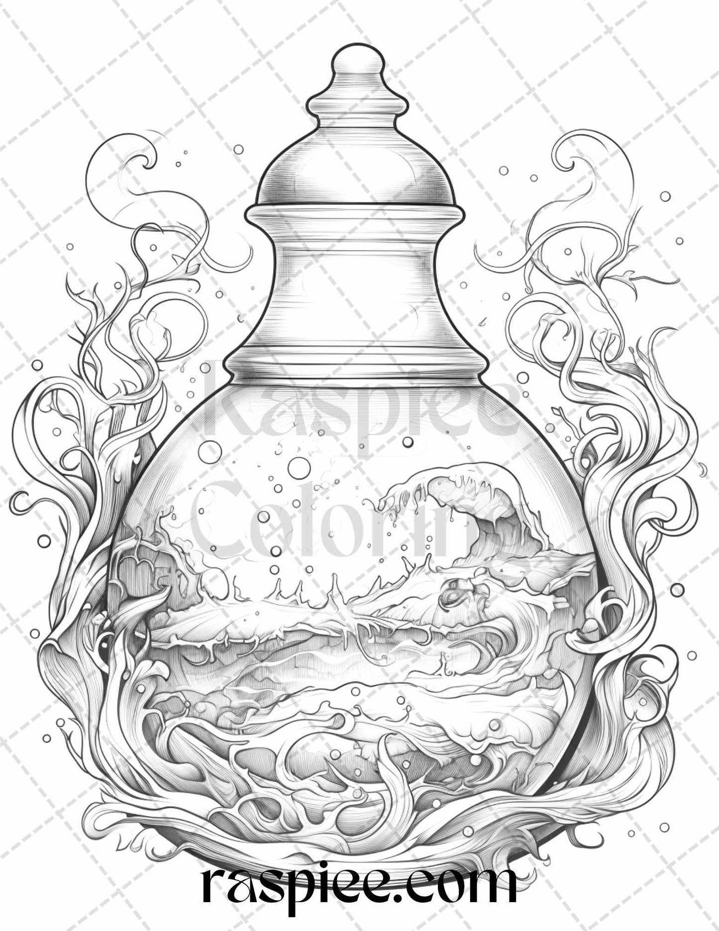 40 Mystical Magic Potions Grayscale Coloring Pages Printable for Adults, PDF File Instant Download