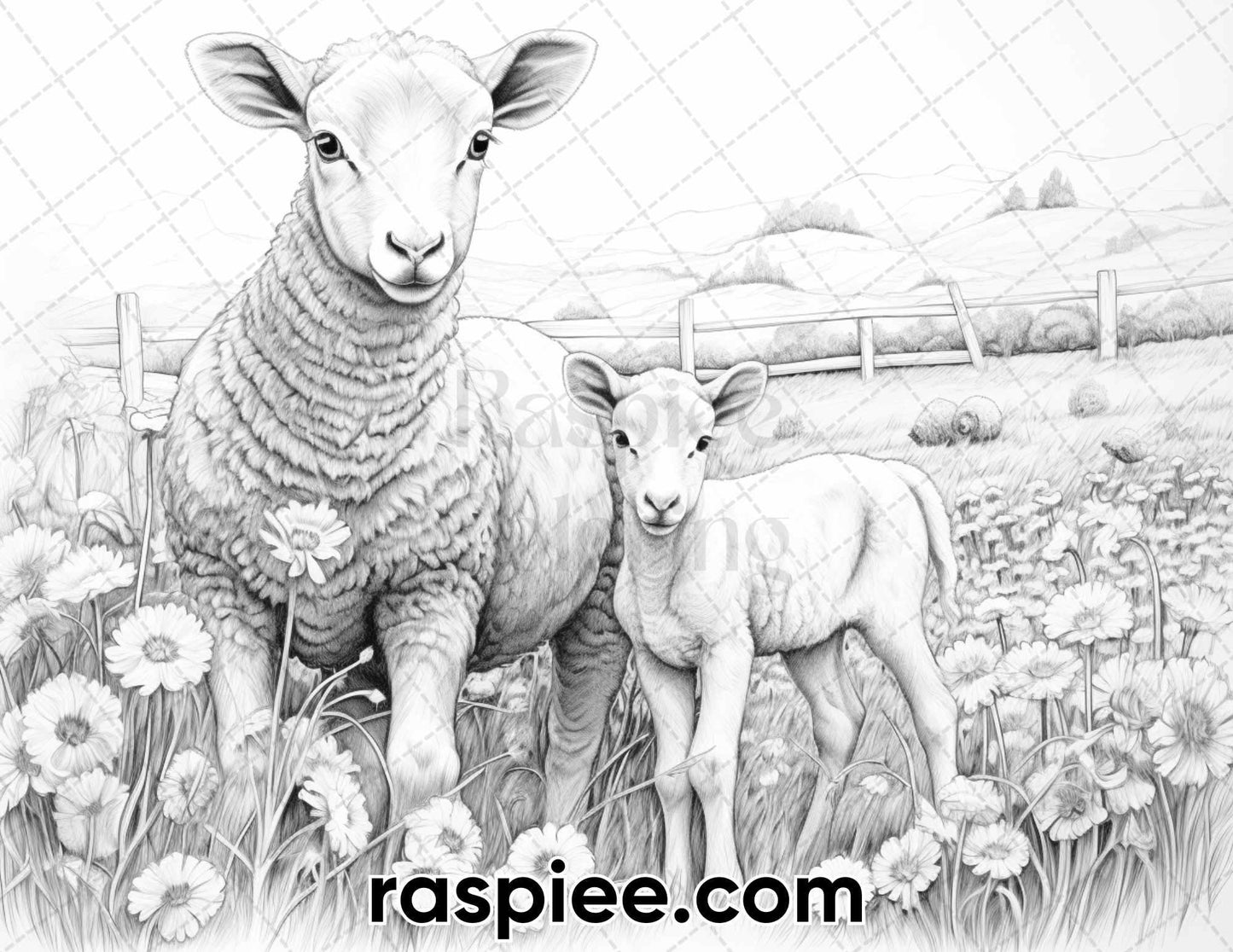 40 Spring Farm Life Grayscale Adult Coloring Pages, Printable PDF Instant Download