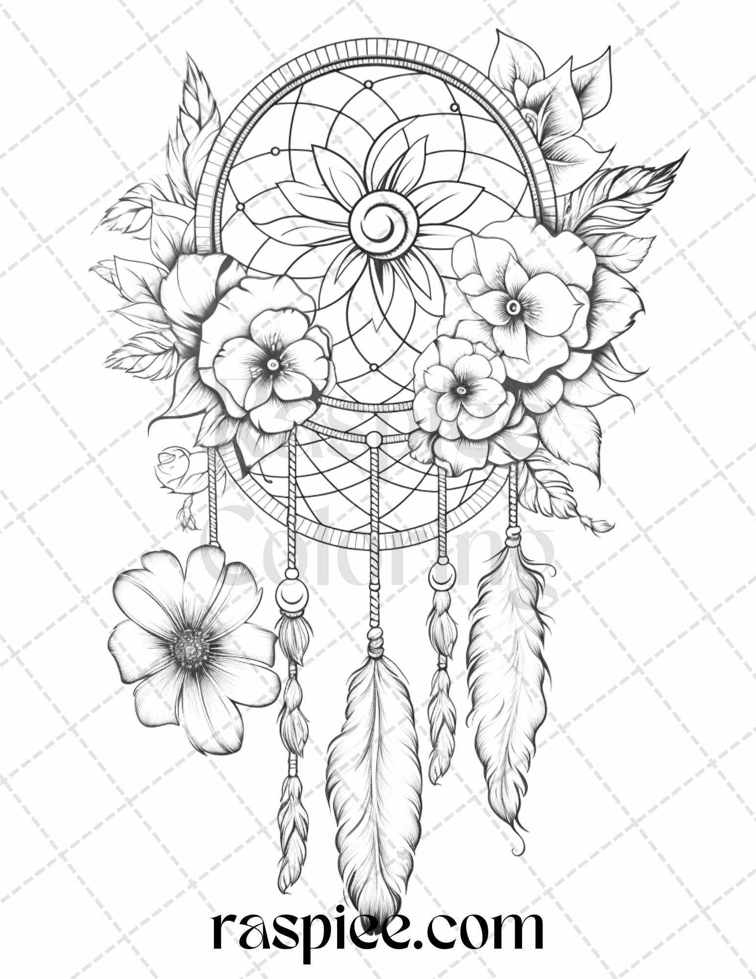 30 Flower Dreamcatcher Grayscale Coloring Pages Printable for Adults, PDF File Instant Download