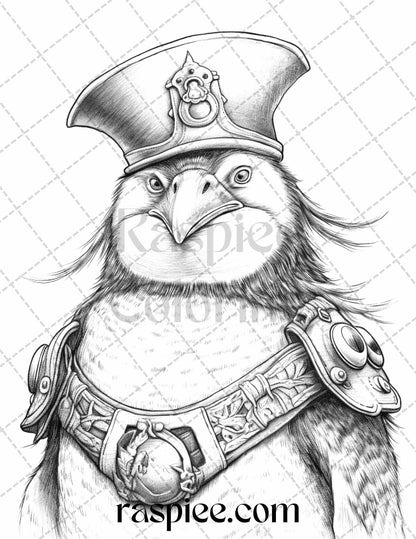 40 Pirate Animals Grayscale Coloring Pages Printable for Adults, PDF File Instant Download