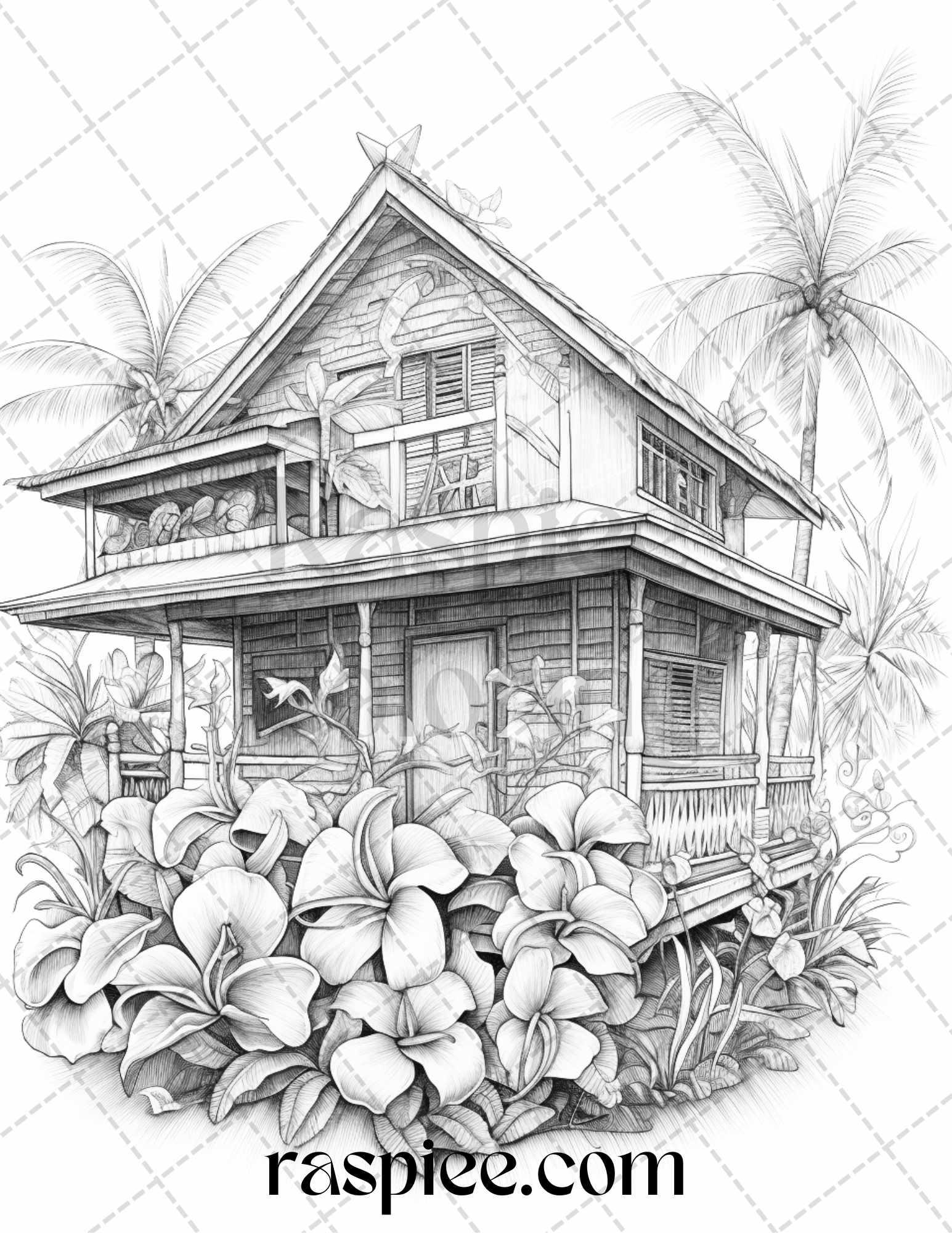 40 Hawaii Tiki Houses Grayscale Coloring Pages Printable for Adults, PDF File Instant Download