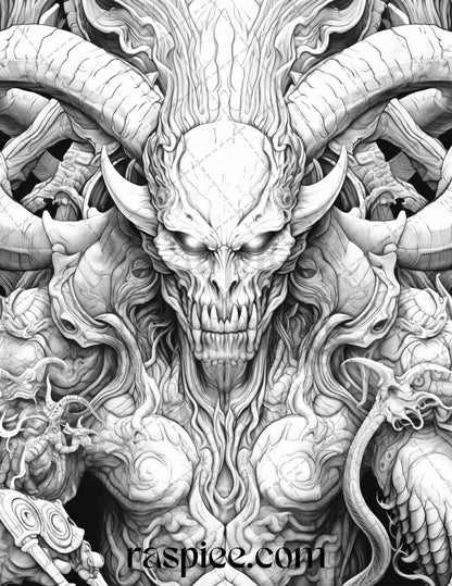 43 Fantasy Demons Grayscale Coloring Pages for Adults, Printable PDF File Instant Download