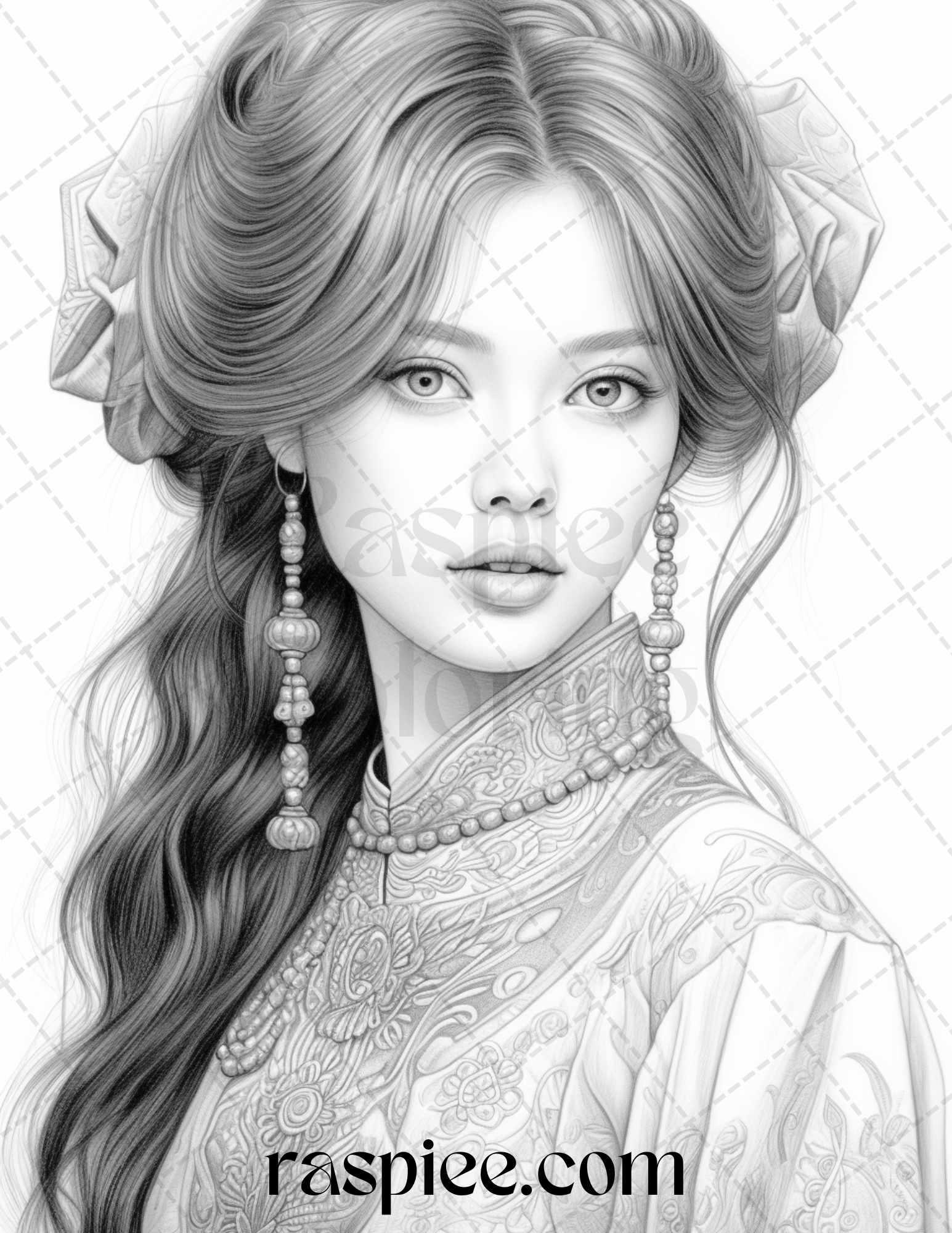 40 Beautiful Chinese Girls Grayscale Coloring Pages for Adults, Printable PDF File Instant Download