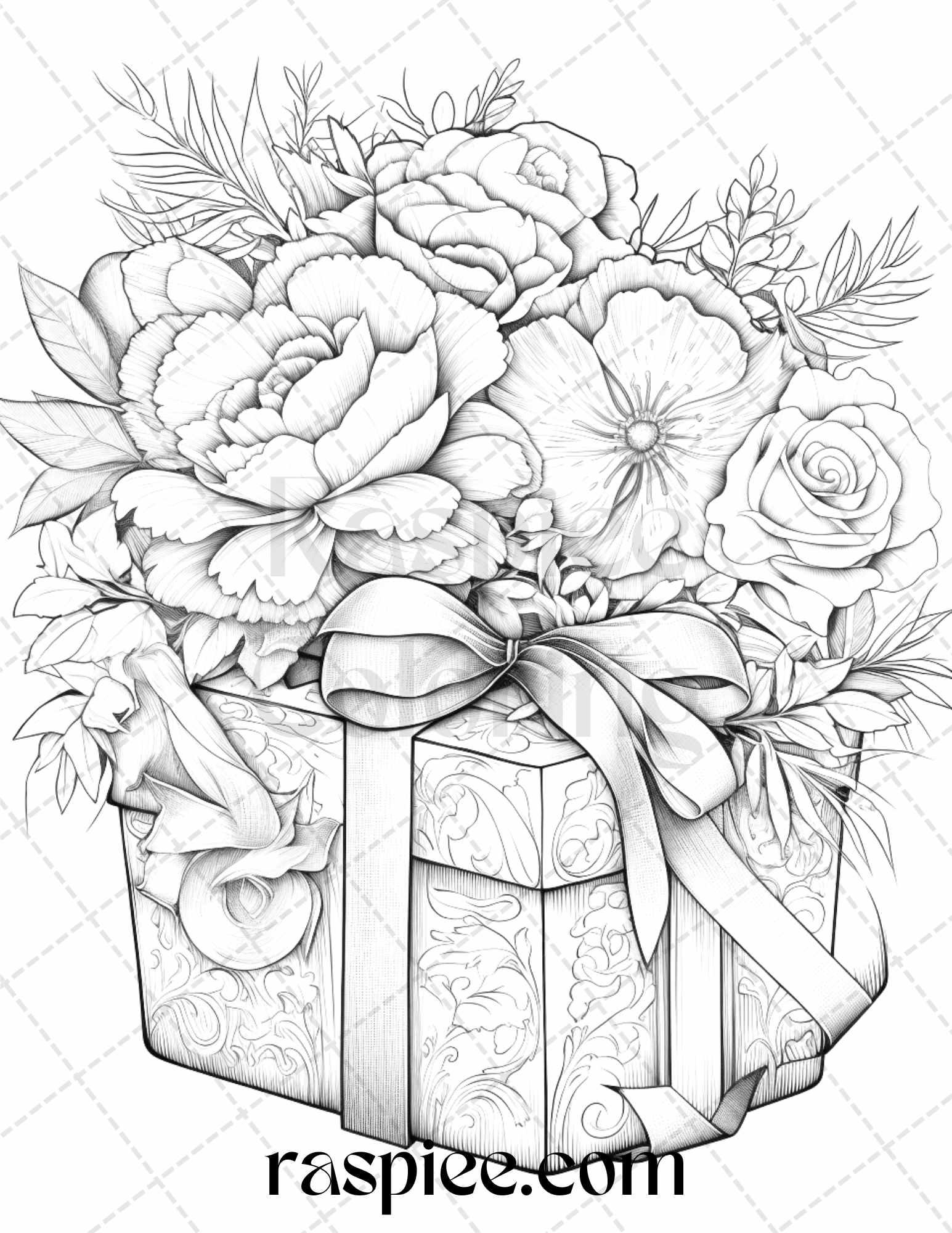 40 Flower Gift Box Grayscale Coloring Pages Printable for Adults Kids, PDF File Instant Download