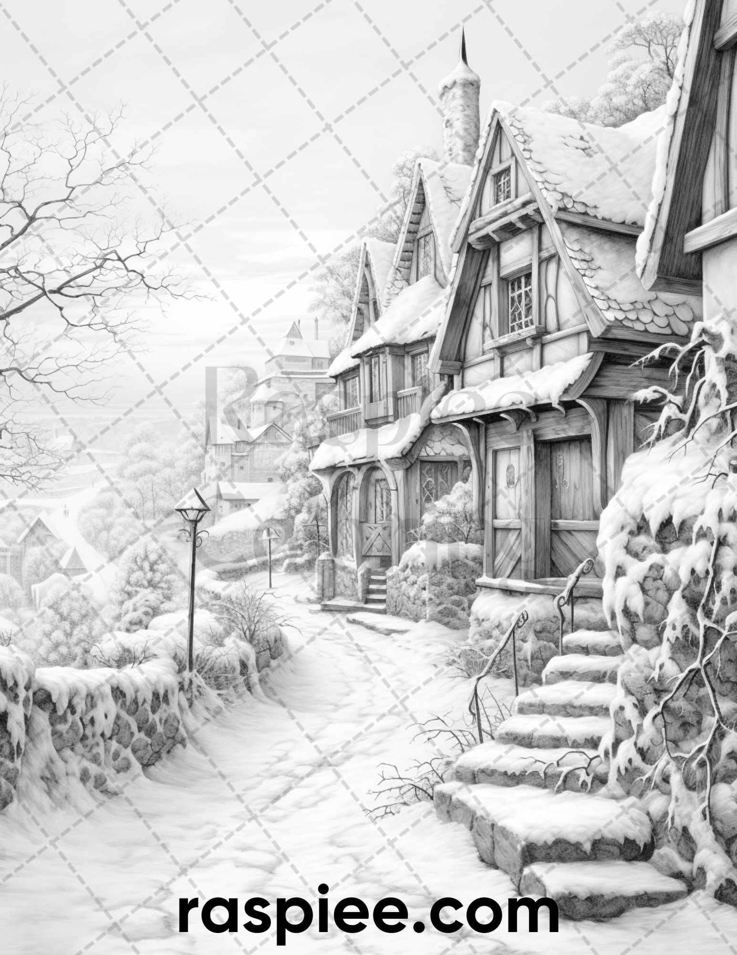 40 Fantasy Winter Village Grayscale Coloring Pages for Adults, PDF File Instant Download