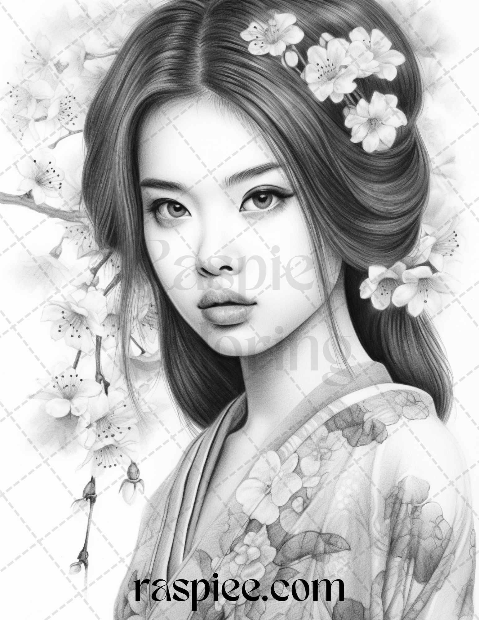 40 Beautiful Japanese Girls Grayscale Coloring Pages Printable for Adults, PDF File Instant Download