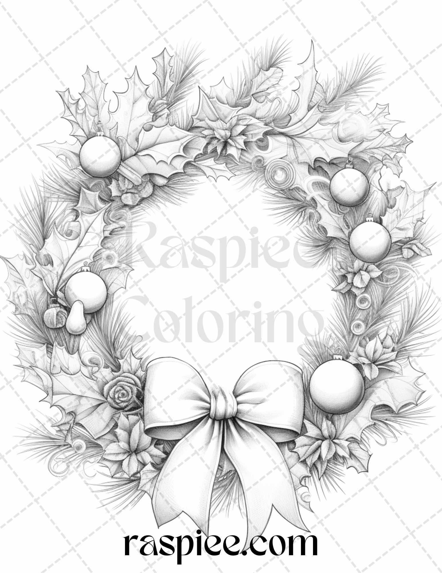 40 Christmas Wreath Grayscale Coloring Pages Printable for Adults, PDF File Instant Download