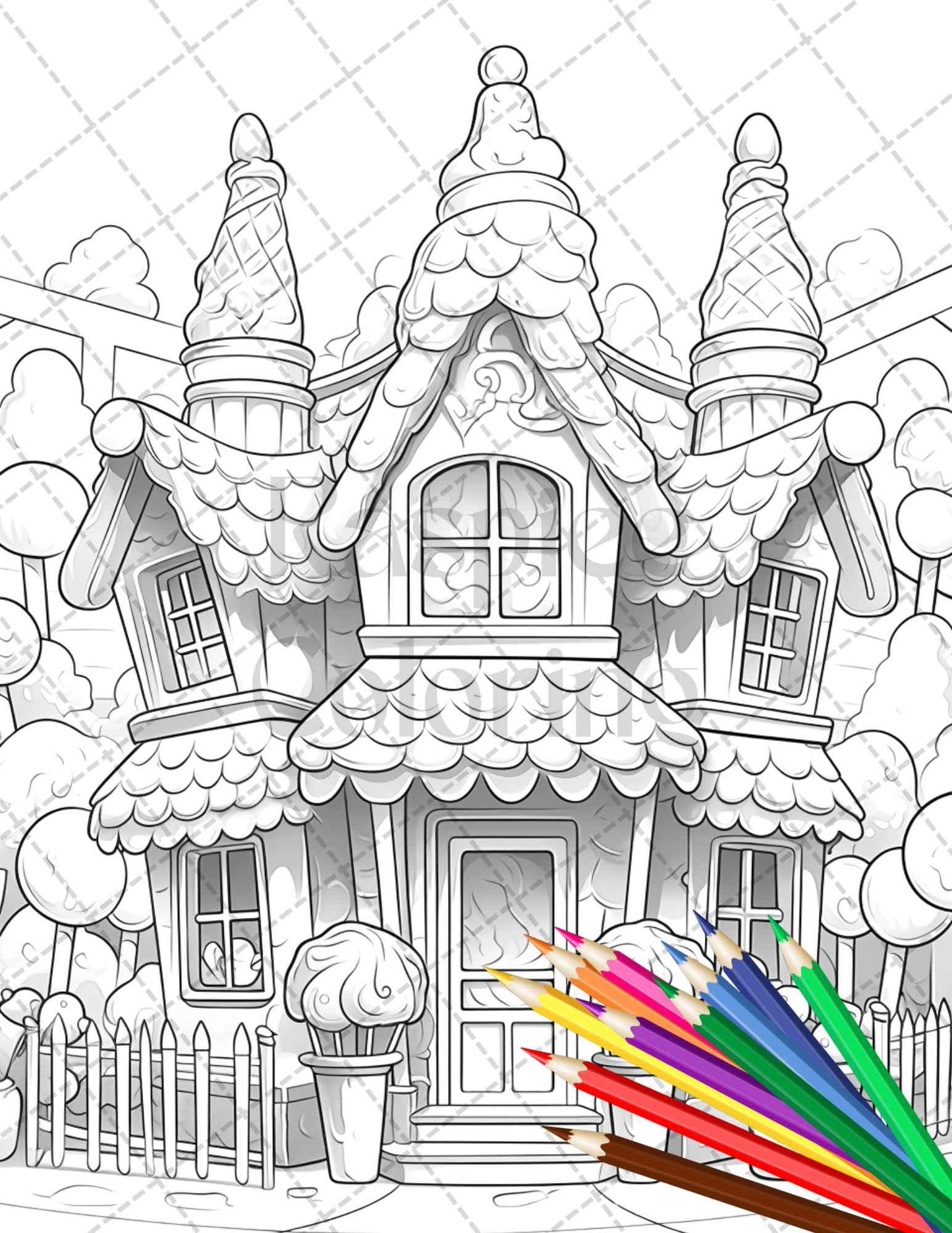 33 Ice Cream Houses Grayscale Coloring Pages Printable for Adults and Kids, PDF File Instant Download