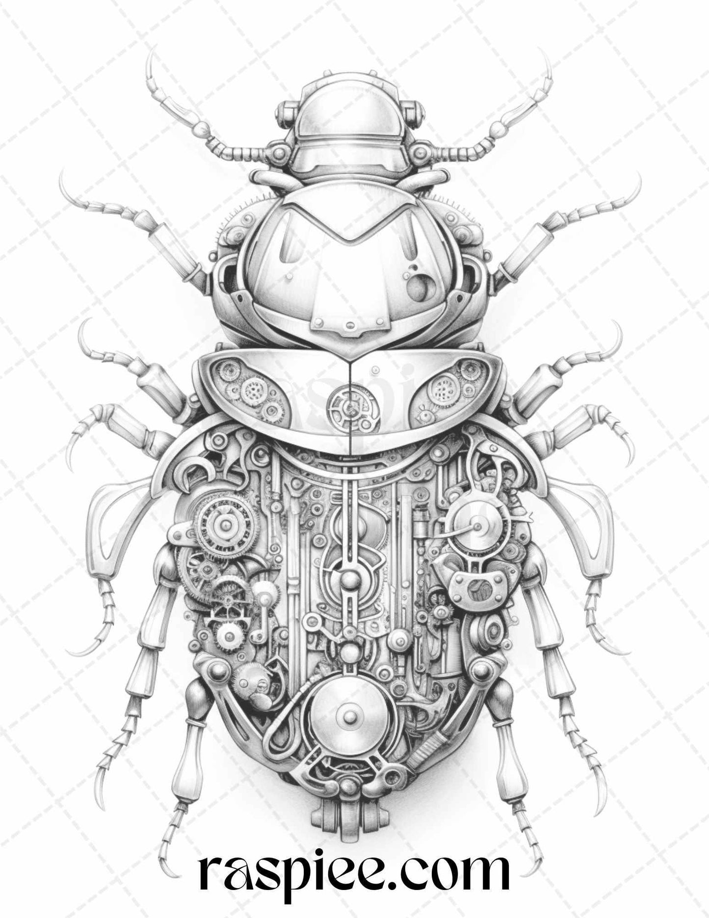 42 Steampunk Bugs Grayscale Coloring Pages Printable for Adults, PDF File Instant Download