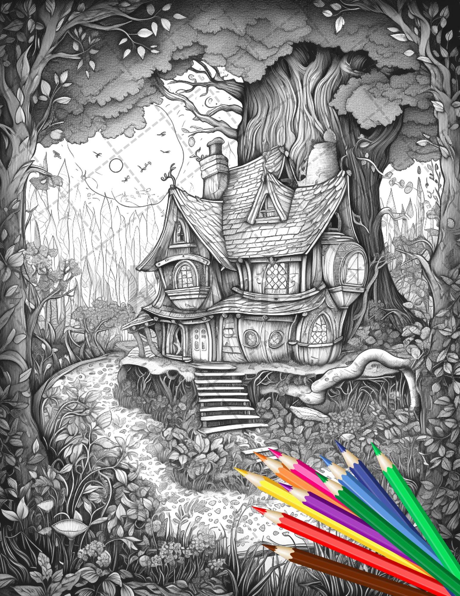 30 Fantasy Fairy Houses Coloring Page Book, Printable Adult Coloring Pages, Enchanted Fairy Home Grayscale Coloring Book, Printable PDF File