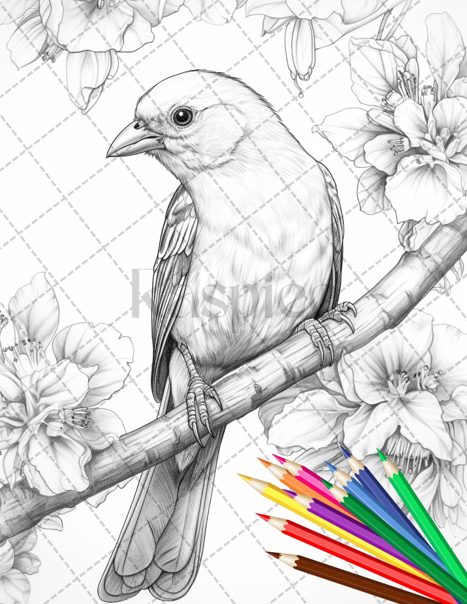 31 Tropical Birds Coloring Book for Adults, Grayscale Coloring Page, Printable PDF Instant Download