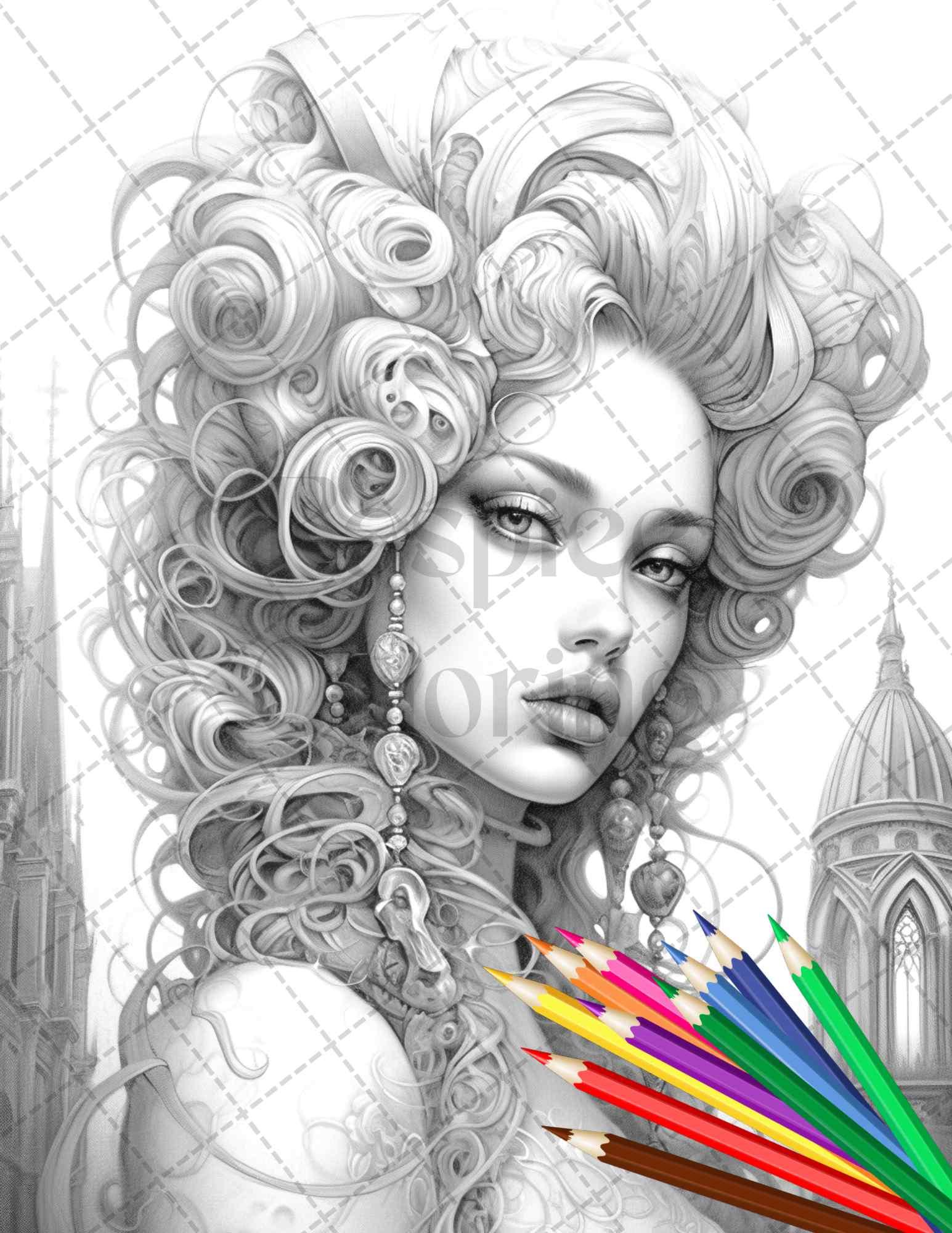 40 Beautiful Gothic Girls Grayscale Coloring Pages Printable for Adults, PDF File Instant Download