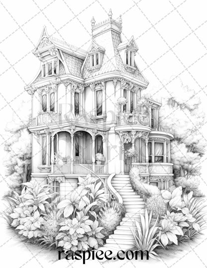 40 Victorian Houses Grayscale Coloring Pages Printable for Adults, PDF File Instant Download