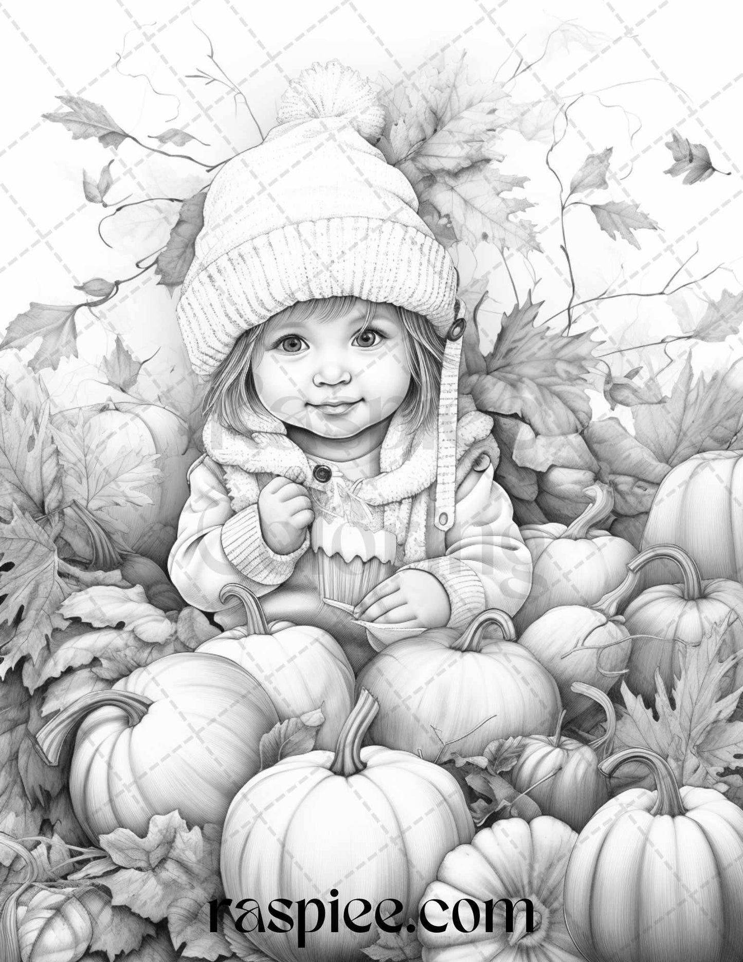 40 Pumpkin Babies Grayscale Coloring Pages for Adults and Kids, Printable PDF File Instant Download