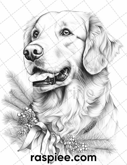 45 Christmas Dogs Grayscale Coloring Pages for Adults, Printable PDF Instant Download