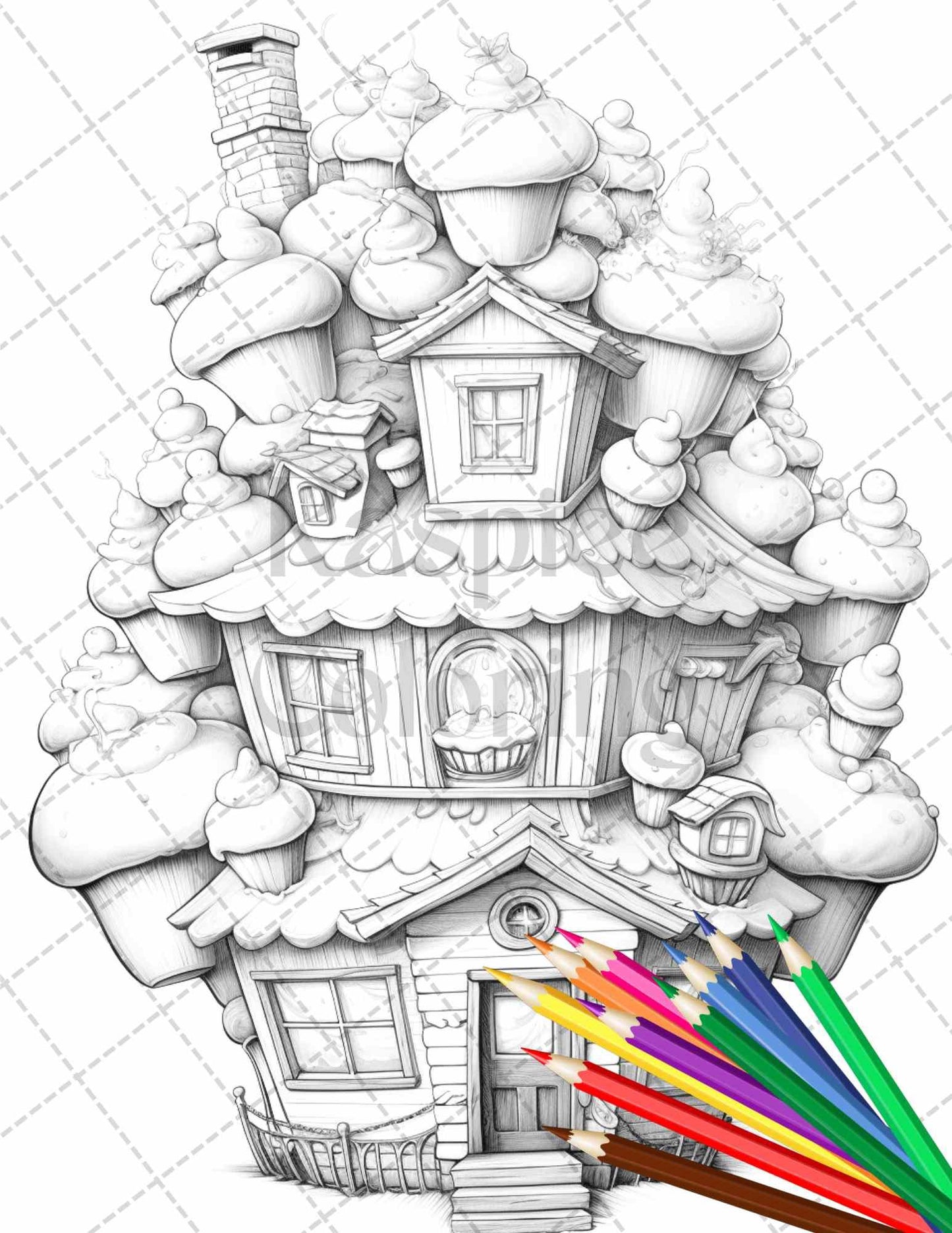 50 Adorable Cake Houses Grayscale Coloring Pages Printable for Adults and Kids, PDF File Instant Download