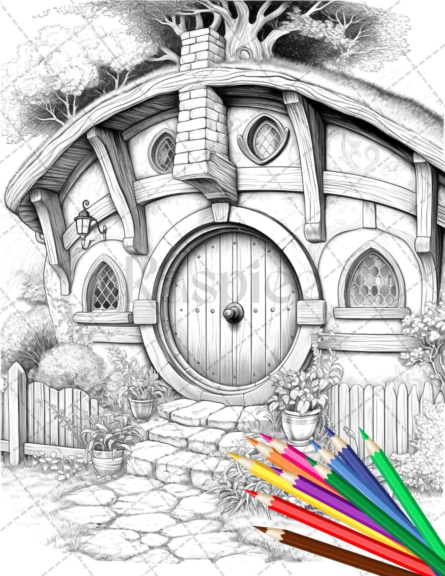 43 Enchanted Hobbiton Houses Grayscale Coloring Pages Printable for Adults, PDF File Instant Download