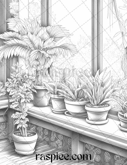 40 Window Plants Grayscale Coloring Pages Printable for Adults, PDF File Instant Download