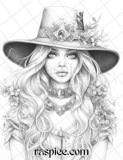 40 Beautiful Witches Grayscale Coloring Pages Printable for Adults, PDF File Instant Download