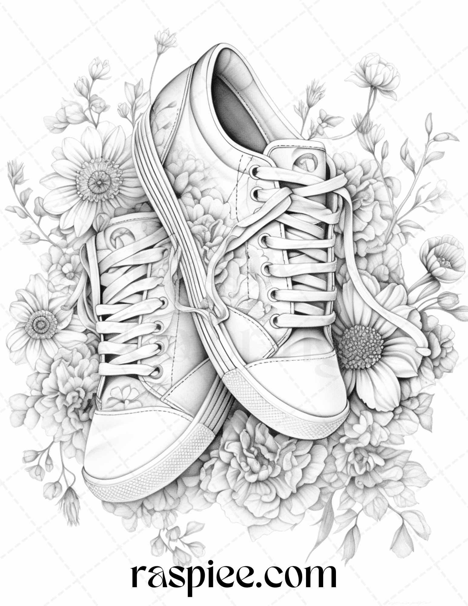 40 Flower Sneakers Grayscale Coloring Pages Printable for Adults, PDF File Instant Download