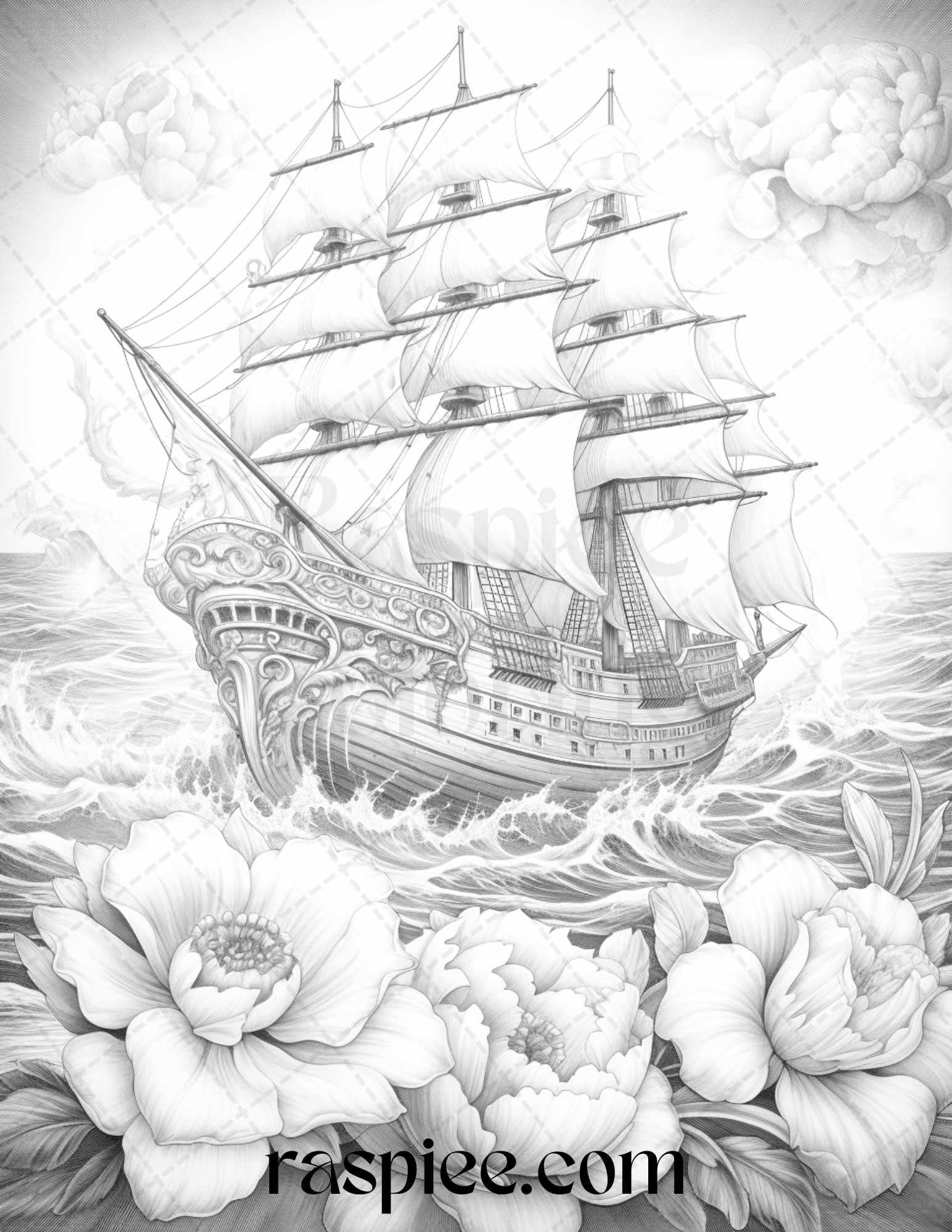 44 Flower Ships Graysale Coloring Pages Printable for Adults, PDF File Instant Download