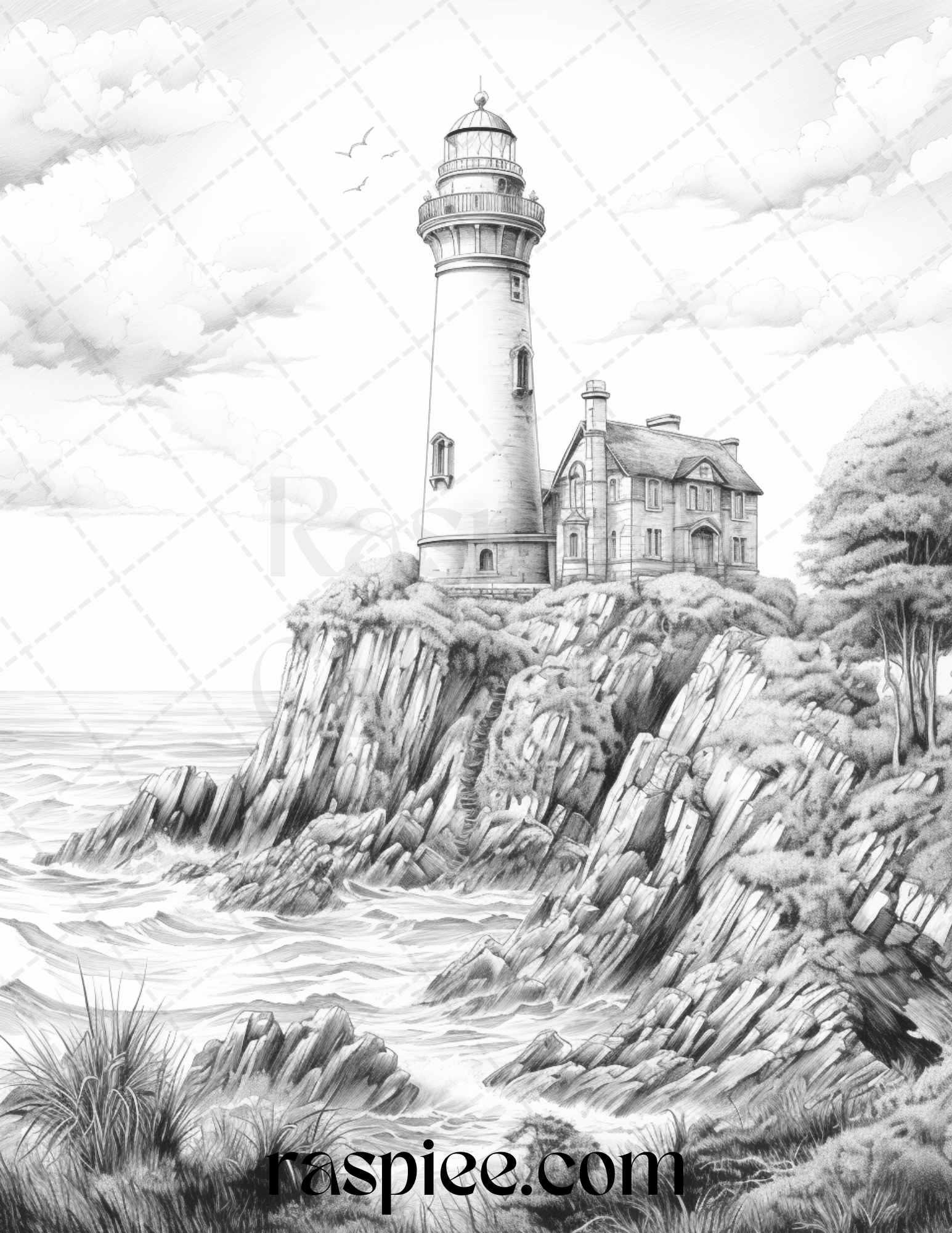 40 Majestic Lighthouses Grayscale Coloring Pages Printable for Adults, PDF File Instant Download