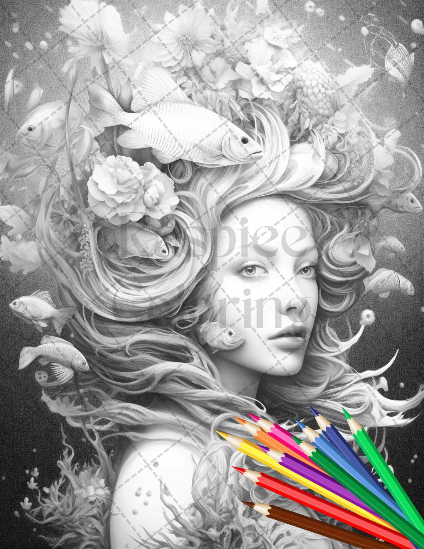 40 Enchanted Mermaid Grayscale Coloring Pages Printable for Adults, PDF File Instant Download