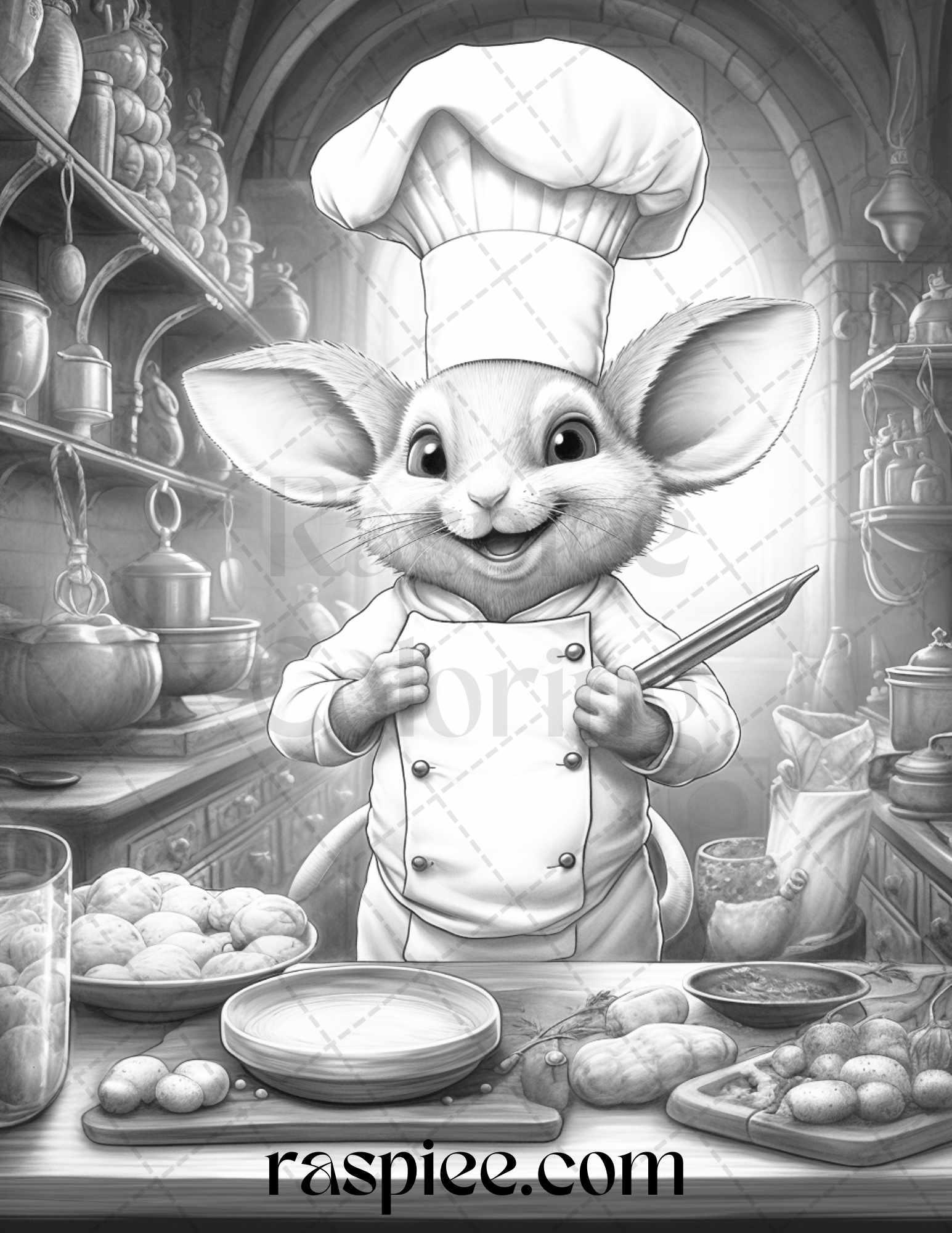 45 Mouse Chef Grayscale Coloring Pages Printable for Adults, PDF File Instant Download