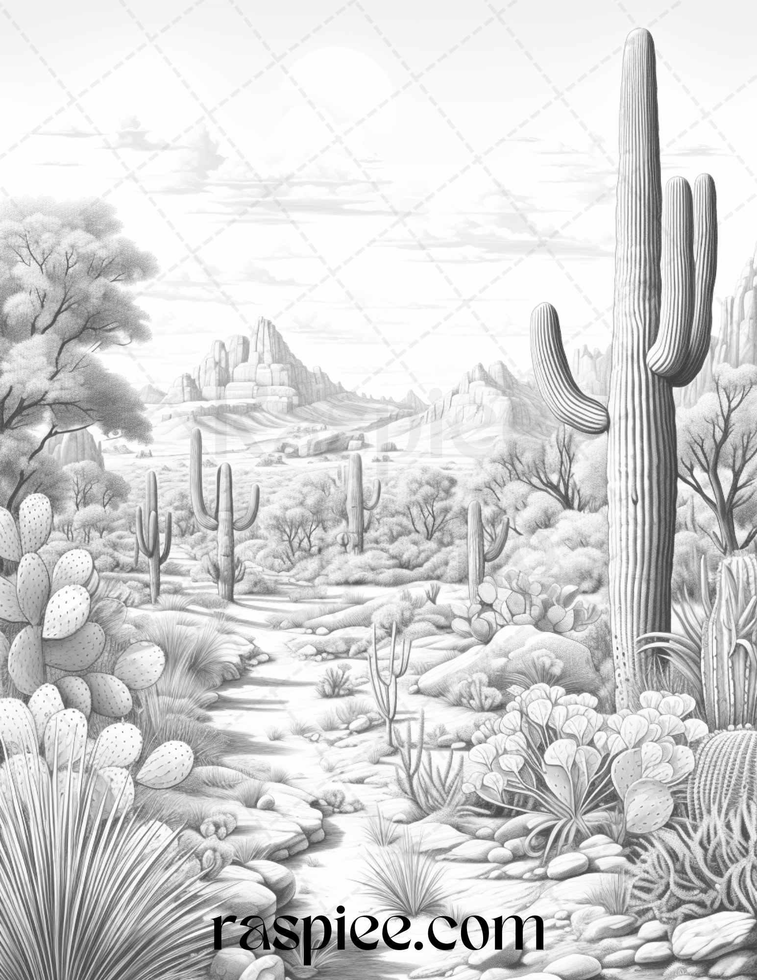 40 Desert Landscapes Grayscale Coloring Pages Printable for Adults, PDF File Instant Download