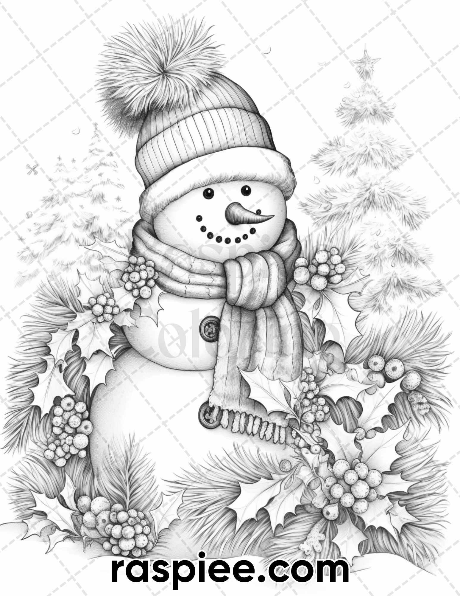 40 Chistmas Snowman Grayscale Coloring Pages for Adults, Printable PDF Instant Download