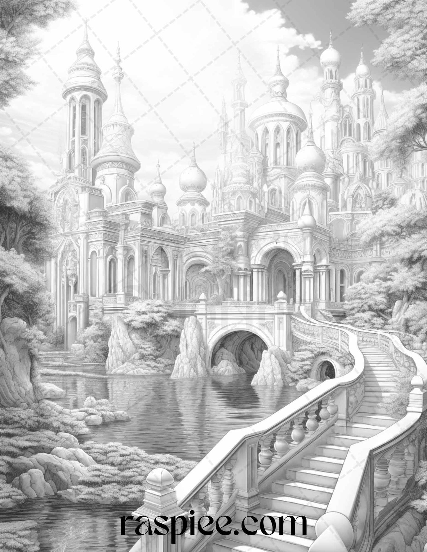 40 Fantasy Landscapes Grayscale Coloring Pages Printable for Adults, PDF File Instant Download