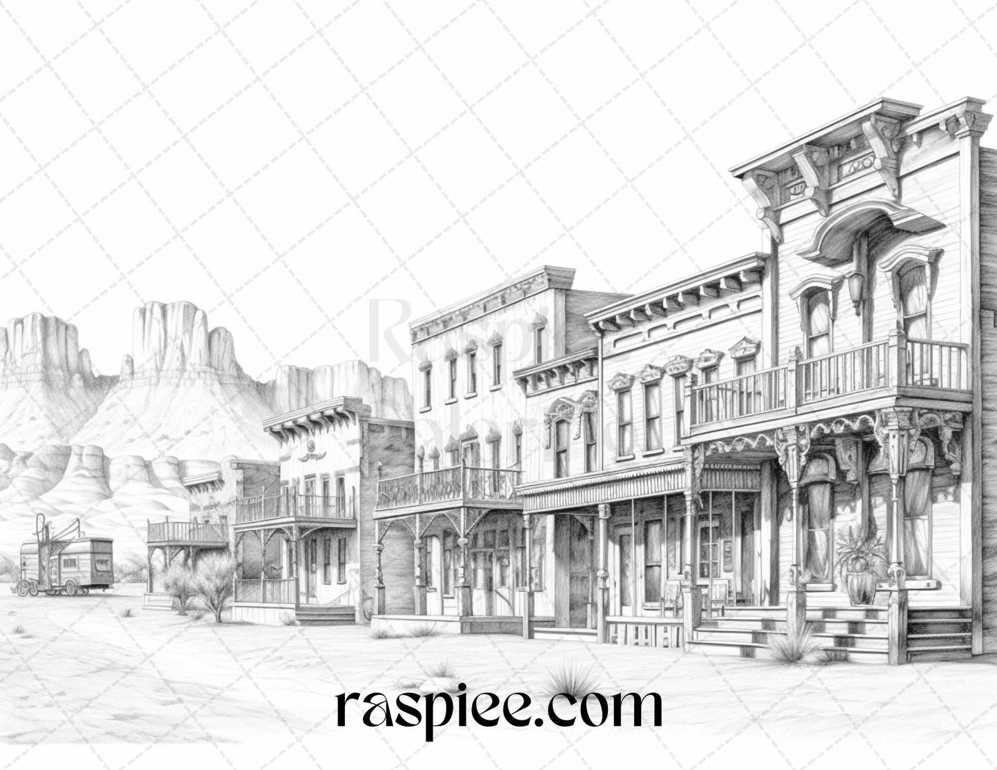 40 Wild West Towns Grayscale Coloring Pages Printable for Adults, PDF File Instant Download