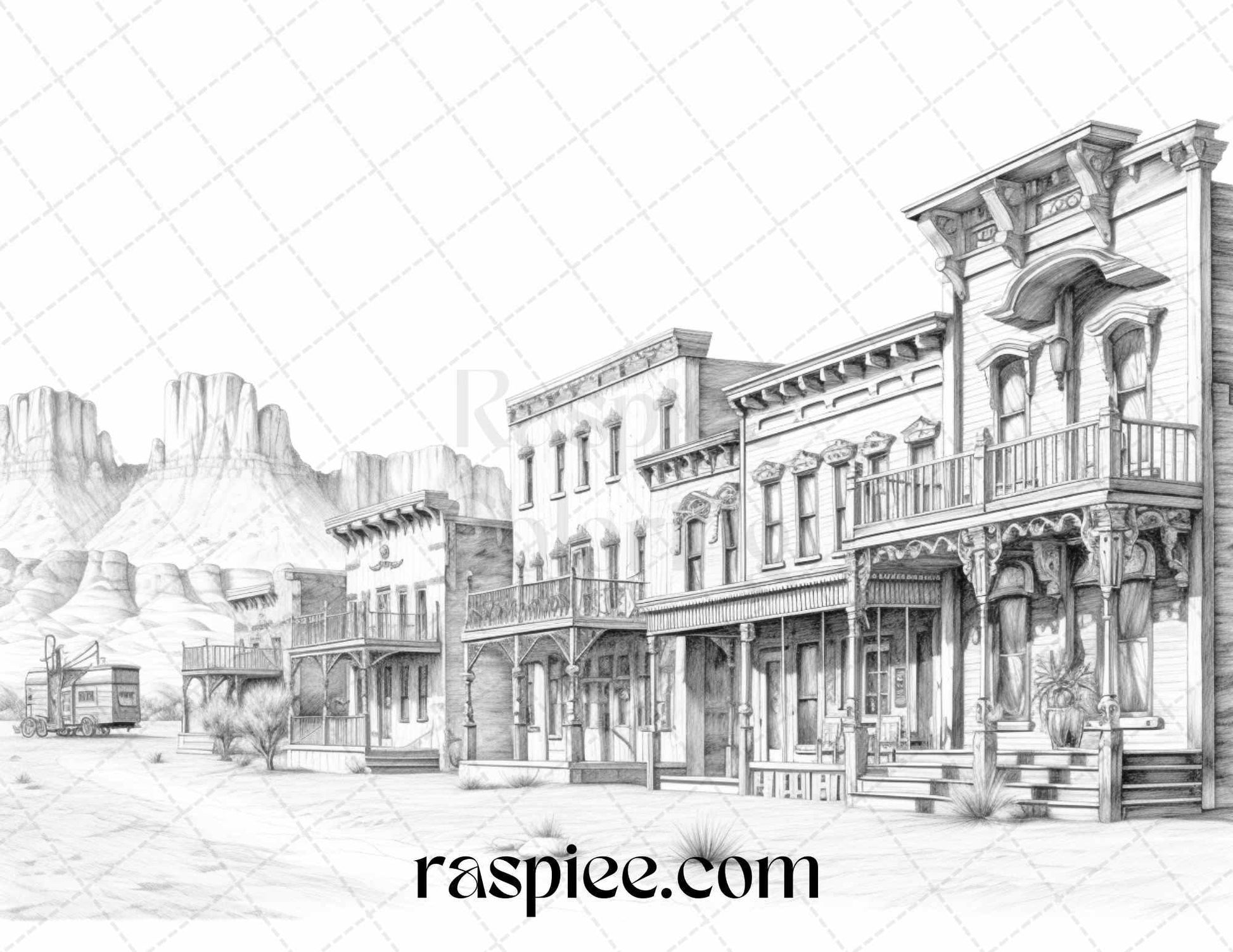 40 Wild West Towns Grayscale Coloring Pages Printable for Adults, PDF File Instant Download