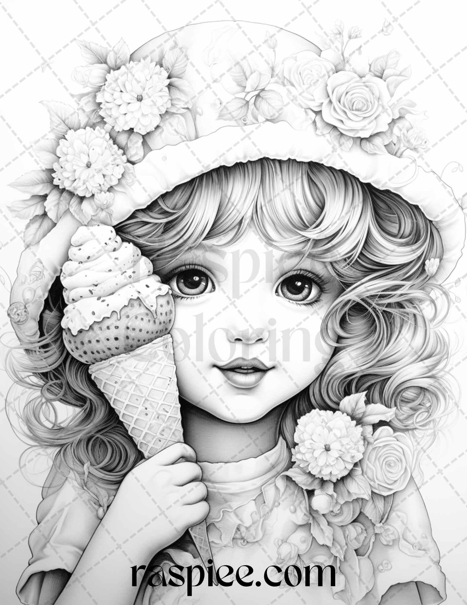 42 Adorable Girls with Ice Cream Grayscale Coloring Pages Printable for Adults Kids, PDF File Instant Download