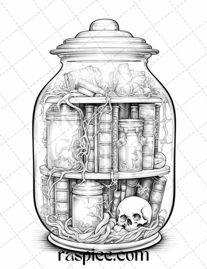 40 Halloween in Jar Grayscale Coloring Pages for Adults, Printable PDF File Instant Download