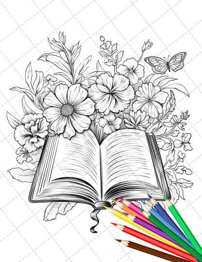 31 Book Flowers Coloring Pages Printable for Adults, Grayscale Coloring Page, PDF File Instant Download