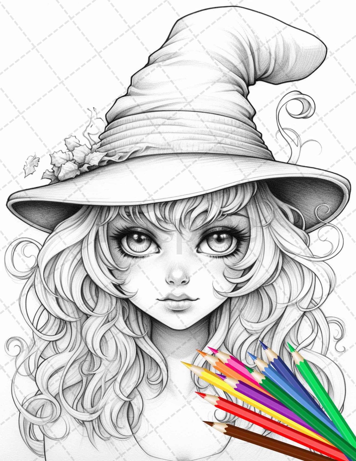 40 Cute Witches Coloring Pages Printable for Adults, Grayscale Coloring Page, PDF File Instant Download