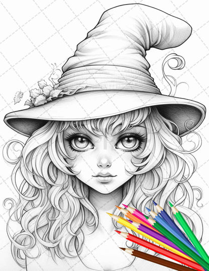 40 Cute Witches Coloring Pages Printable for Adults, Grayscale Coloring Page, PDF File Instant Download