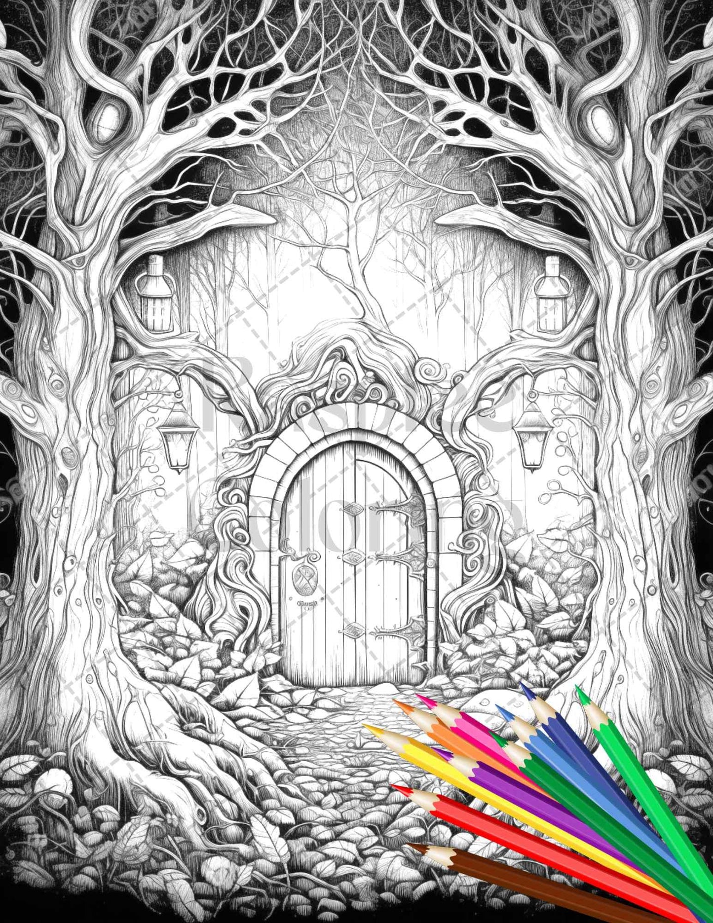 40 Magical Forest Gates Grayscale Coloring Pages Printable for Adults, PDF File Instant Download