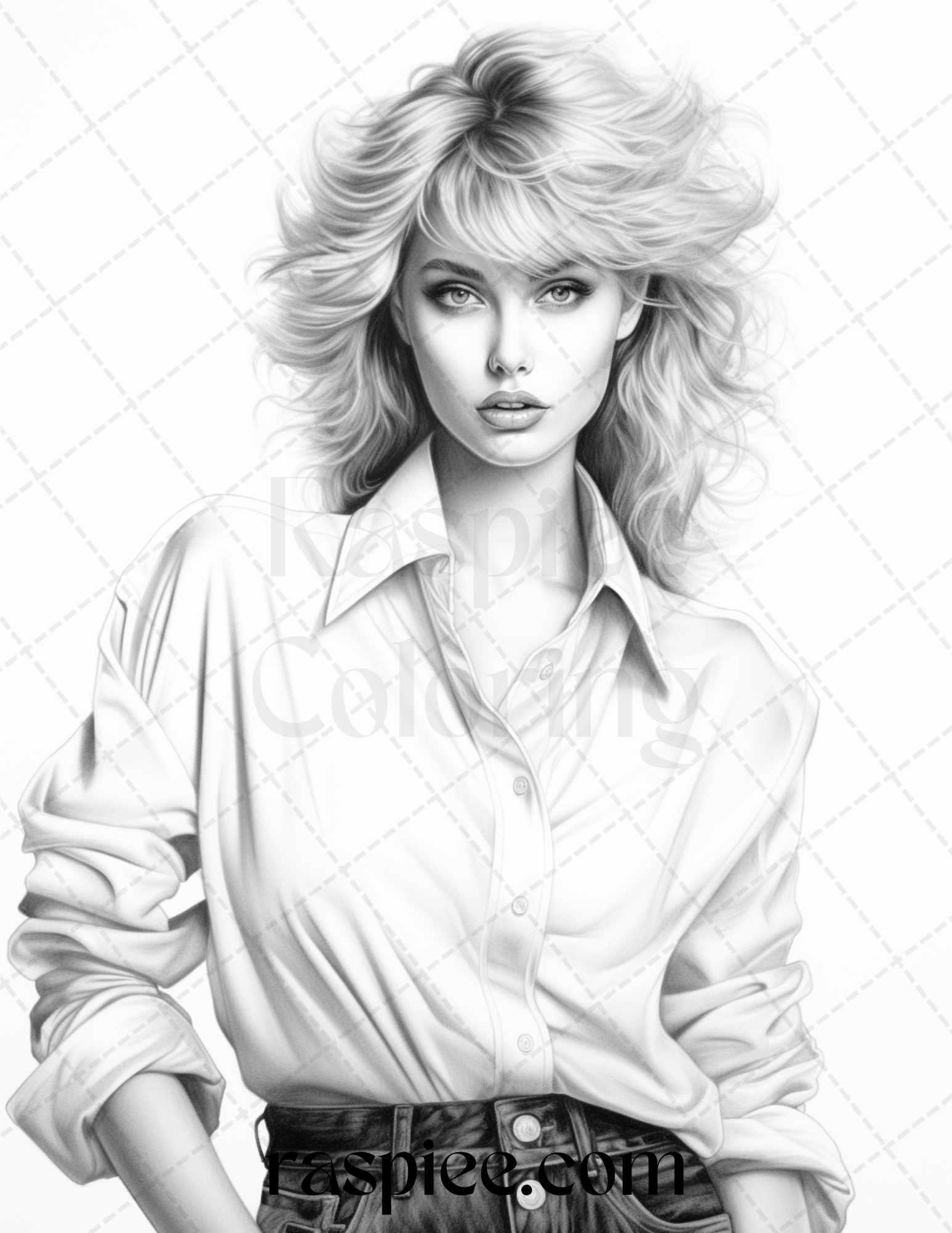 1980s Retro Beautiful Women Grayscale Coloring Pages for Adults, PDF File Instant Download