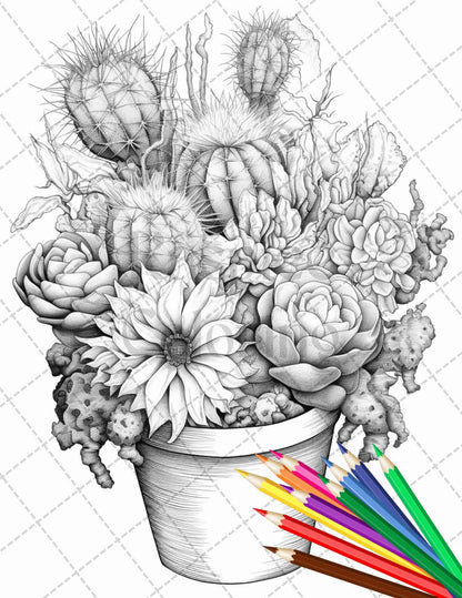 40 Charming Cactus Pots Grayscale Coloring Pages Printable for Adults, PDF File Instant Download