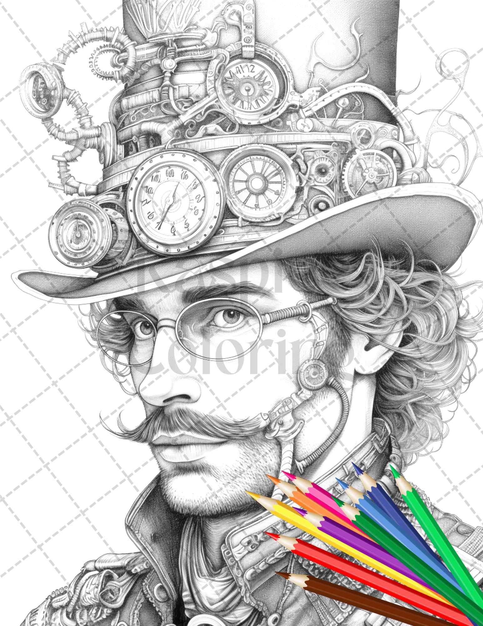 42 Steampunk Mens Grayscale Coloring Pages Printable for Adults, PDF File Instant Download